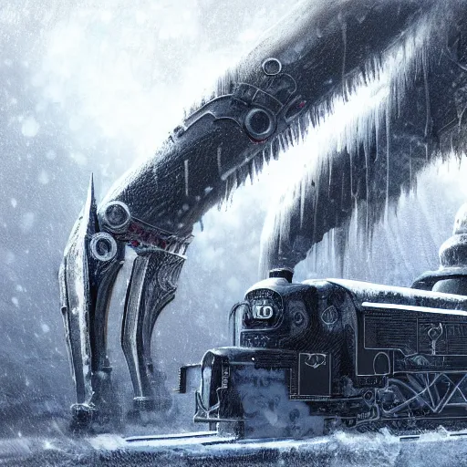 Image similar to an intricate futuristic black steam train and a giant mammoth, post - apocalyptic ice landscape in snowstorm, concept art, artstation, highly detailed, digital art