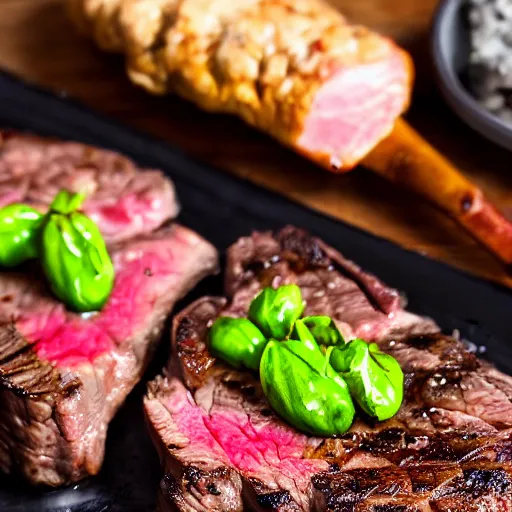 Image similar to high resolution photo of rib eye steak, michelin star, very tasty, food photography, instagram!!, trending