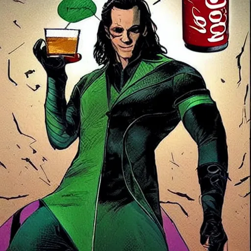 Prompt: marvel's loki is drinking coke