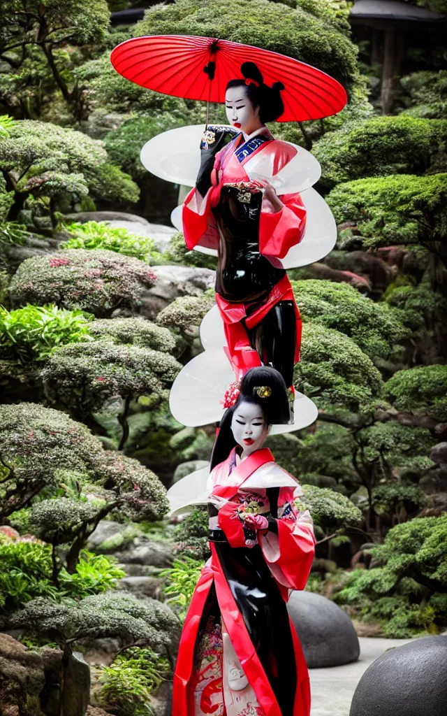 Image similar to a futuristic fetish geisha wearing a latex tomesode with traditional japanese pattern, heavy black okobo shoes, in a futuristic zen garden, 4 k