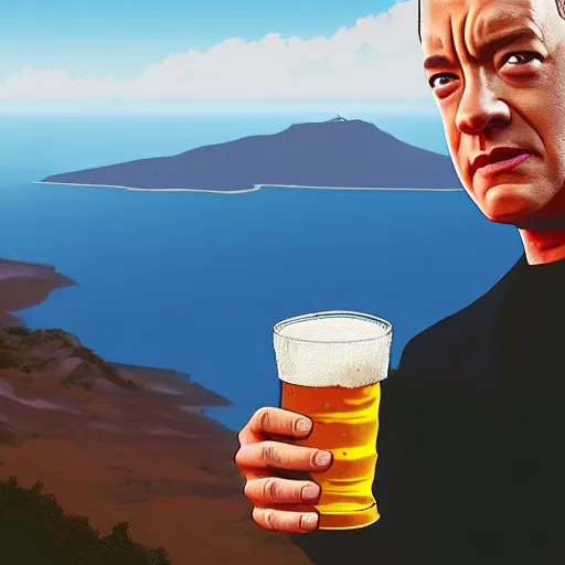 Image similar to Tom hanks at the top of a mountain, scenic view, holding a beer!!, digital art, gta 5 cover art, trending on artstation