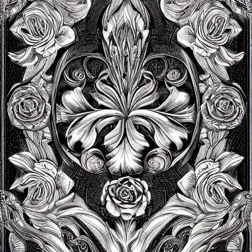 Prompt: beautiful decorative classical ornamental emblem, sacred spirit tiger, fibonacci rhythms, roses, lilies, rose petals, lily petals, acanthus scrolls, small medium and large elements, artgerm, trending on artstation, wlop, russ abbott, chiaroscuro, grayscale