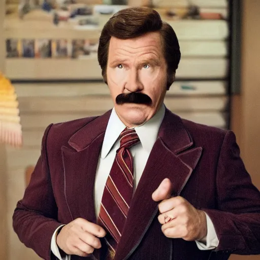 Prompt: a movie still of Alex Trebeck as Ron Burgundy in a new movie Anchorman 3