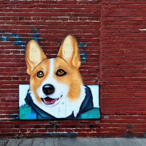 Image similar to brick wall with a mural of a corgi, street art, graffiti, urban landscape, award - winning photograph by david lynch