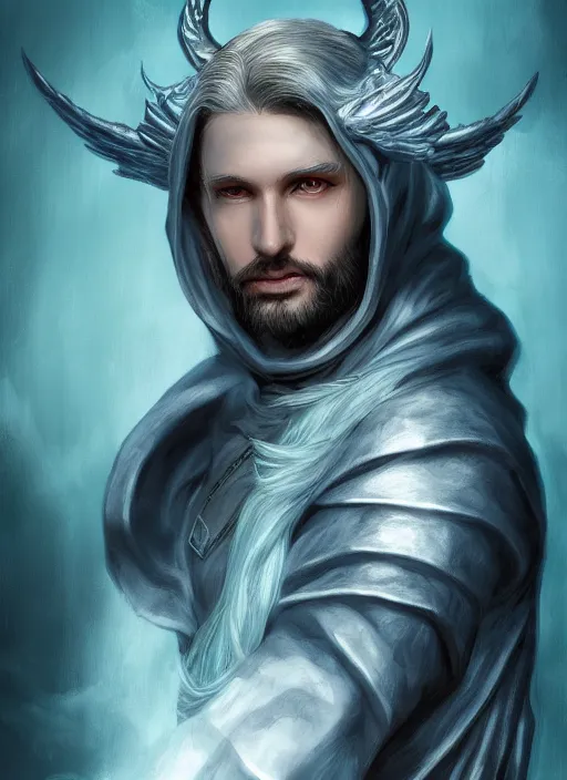 Image similar to an epic fantastic realism comic book style portrait painting of an aasimar hexblade warlock, teal energy, male, grand angel wings, silver hair, short beard, cloak, d & d concept art, unreal 5, daz, hyperrealistic, octane render, cosplay, rpg portrait, dynamic lighting