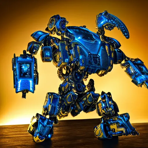 Prompt: a intricate ornate boxing humanoid mecha, punk, by war robots, real steel ( 2 0 1 1 ), westworld and pacific rim movie and ps 5 game machine warrior 5, cryengine, frostbite 3 engine, blue and yellow scheme, sharp focus, 8 k, high definition, insanely detailed, soft lighting, smooth face