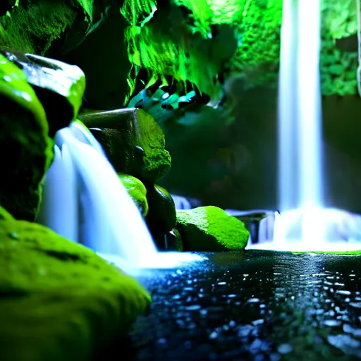 Prompt: a lush cave with a waterfall hyper realistic 8k unreal engine