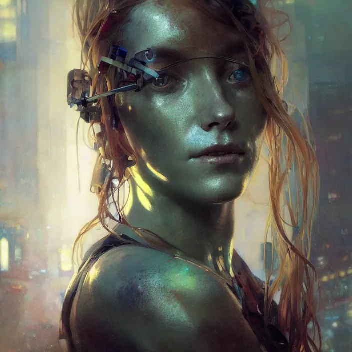 Image similar to hyperrealist portrait of a 2 0 4 4 cyborg female, by jeremy mann and alphonse mucha, fantasy art, photo realistic, dynamic lighting, artstation, poster, volumetric lighting, very detailed faces, 4 k, award winning