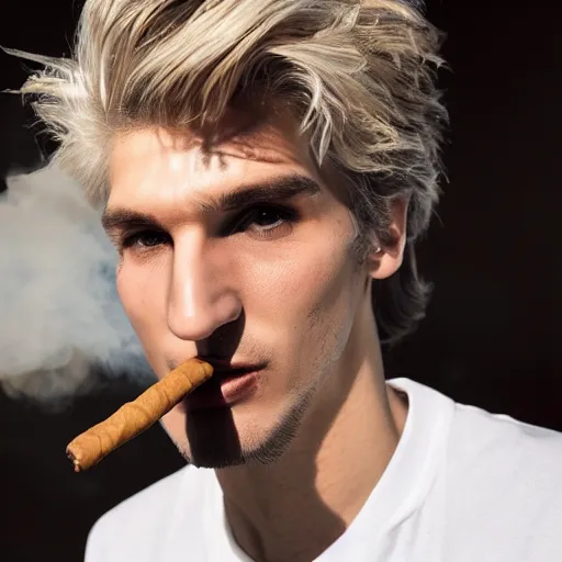 Image similar to a closeup photo of handsome gigachad xqc smoking a cigar