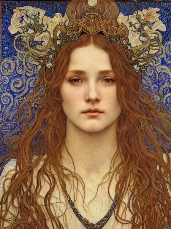 Image similar to detailed realistic beautiful young medieval queen face portrait by jean delville, alphonse mucha, vincent van gogh, and marco mazzoni, art nouveau, symbolist, visionary, gothic, pre - raphaelite