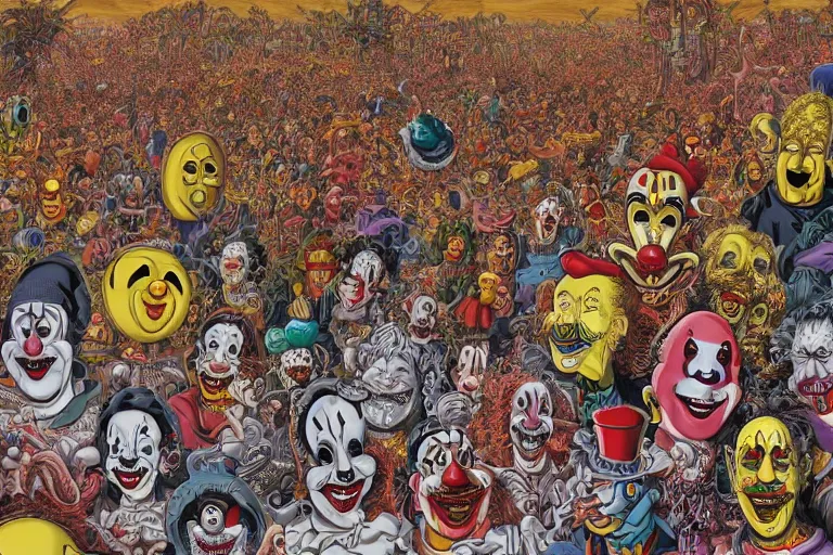 Image similar to endless crowd of clowns by rotella mimmo, kenny scharf, jacek yerka, peter bagge, simon bisley, artur bordalo, judy chicago, geof darrow