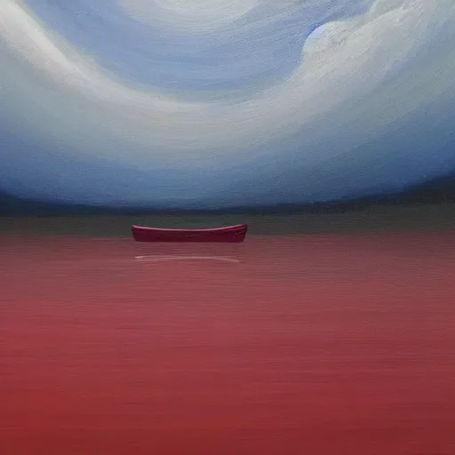 Prompt: painting of a lone canoe floating in a blood river