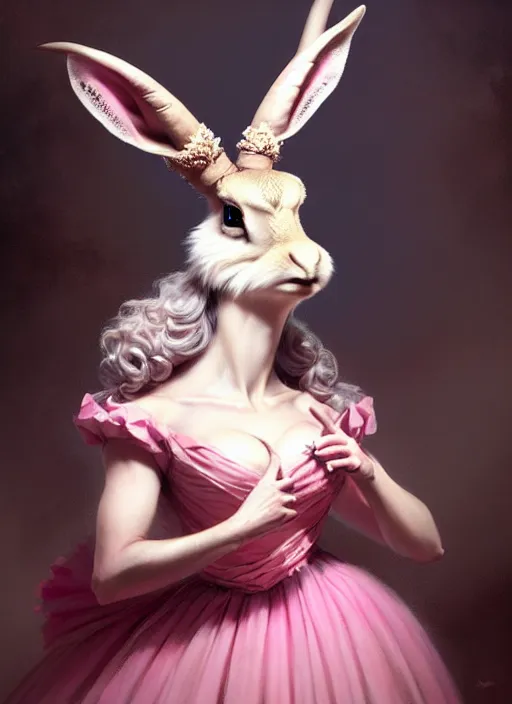 Prompt: a beautiful closeup shot from a fantasy film of a humanoid jackalope wearing a pink ballgown, anthropomorphic jackalope, full body portrait, joseph ducreux, greg rutkowski.