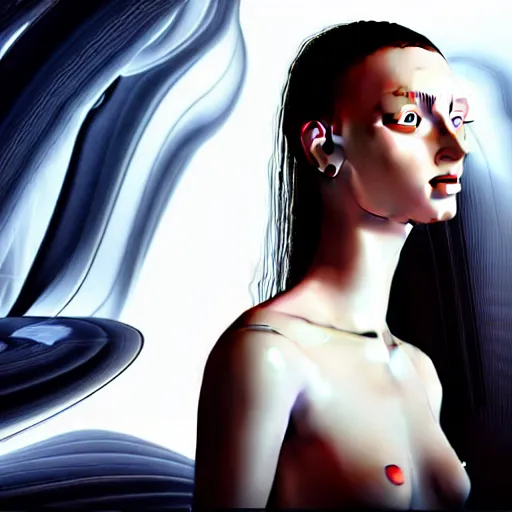 Image similar to hyperrealism photography computer simulation visualisation of parallel universe cgi scene with beautiful highly detailed ukrainian woman by caravaggio wearing neofuturistic neural interface by josan gonzalez - s 1 5 0