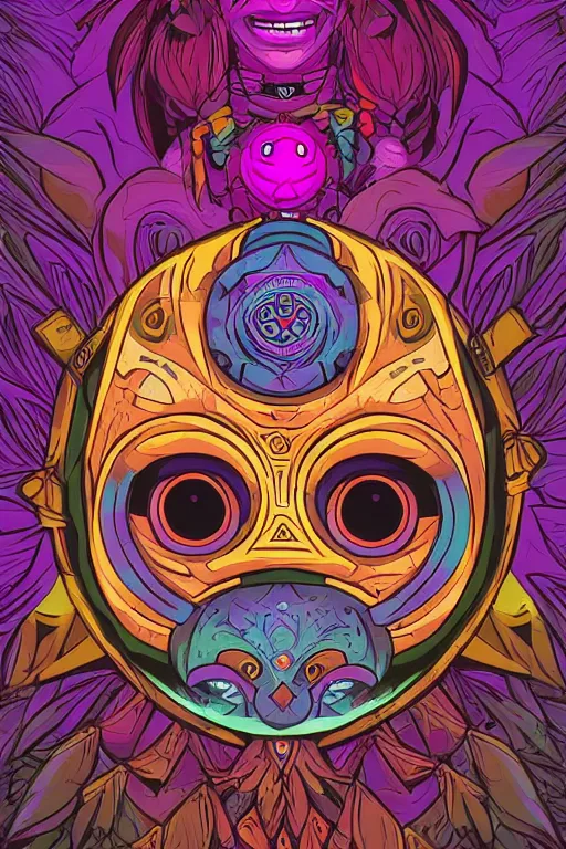 Prompt: sacred majora's mask tribal feather gemstone plant wood rock shaman vodoo video game vector illustration vivid color borderlands by josan gonzales and dan mumford radiating a glowing aura