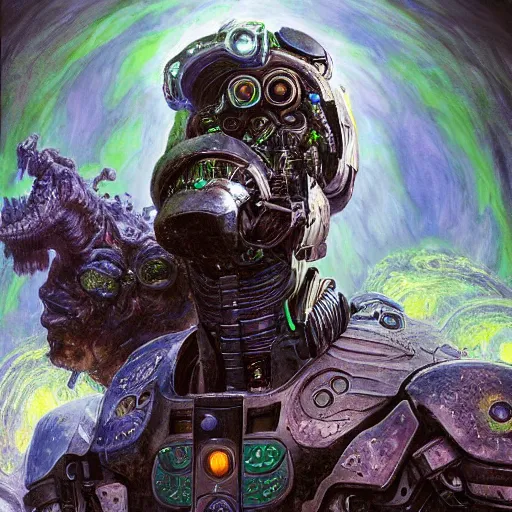 Prompt: A cyborg embodiment of entropy as the ultimate tyrant emperor of the universe. Realistic sci-fi concept. Trending on ArtStation. A vibrant digital oil painting. A highly detailed fantasy character illustration by Wayne Reynolds and Charles Monet and Gustave Dore and Carl Critchlow and Bram Sels