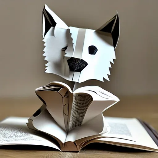 Prompt: cut paper sculpture of a cute husky pup reading a book