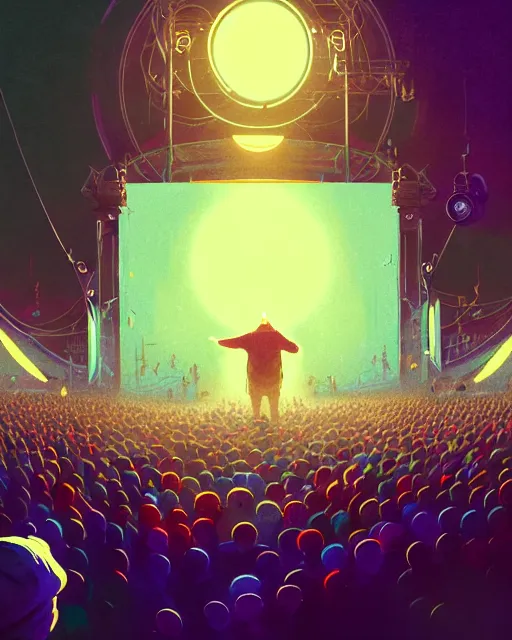 Image similar to tomorrowland, hyper - realistic portrait of a man in a hoodie, in the center of a stage of a music festival, intricate, 4 k, by atey ghailan, by greg rutkowski, by greg tocchini, by james gilleard, by joe fenton, by kaethe butcher, dynamic lighting, lighting color scheme, sharp focus, grunge aesthetic