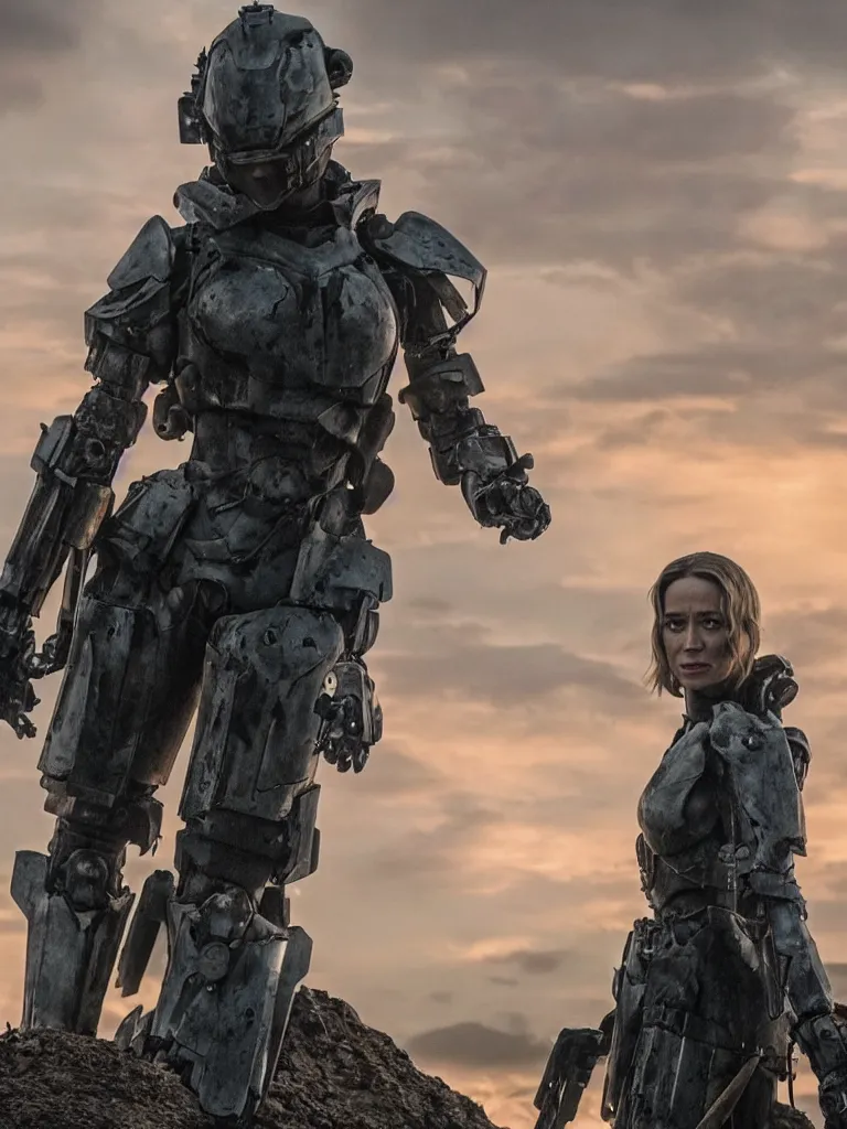 Image similar to emily blunt in futuristic power armor, alone, standing atop a hill, raising her sword, edge of tomorrow movie, angel of verdun, sunset