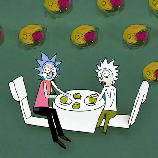 Image similar to Rick and Morty having dinner, layered paper style