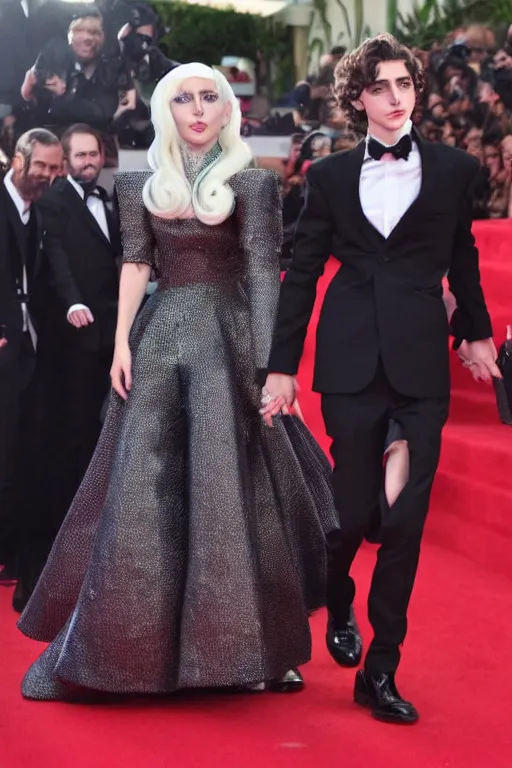 Image similar to timothee chalamet and lady gaga holding hands on the red carpet, beautiful detailed faces, canon eos, featured, flash lighting