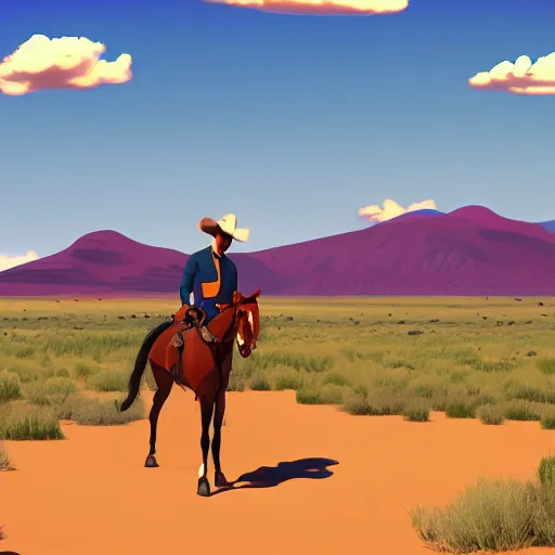 Image similar to cowboy on the range, beautiful New Mexico landscape, Art Deco, animation, cel-shading, toon shading, unity, 8k, 4k