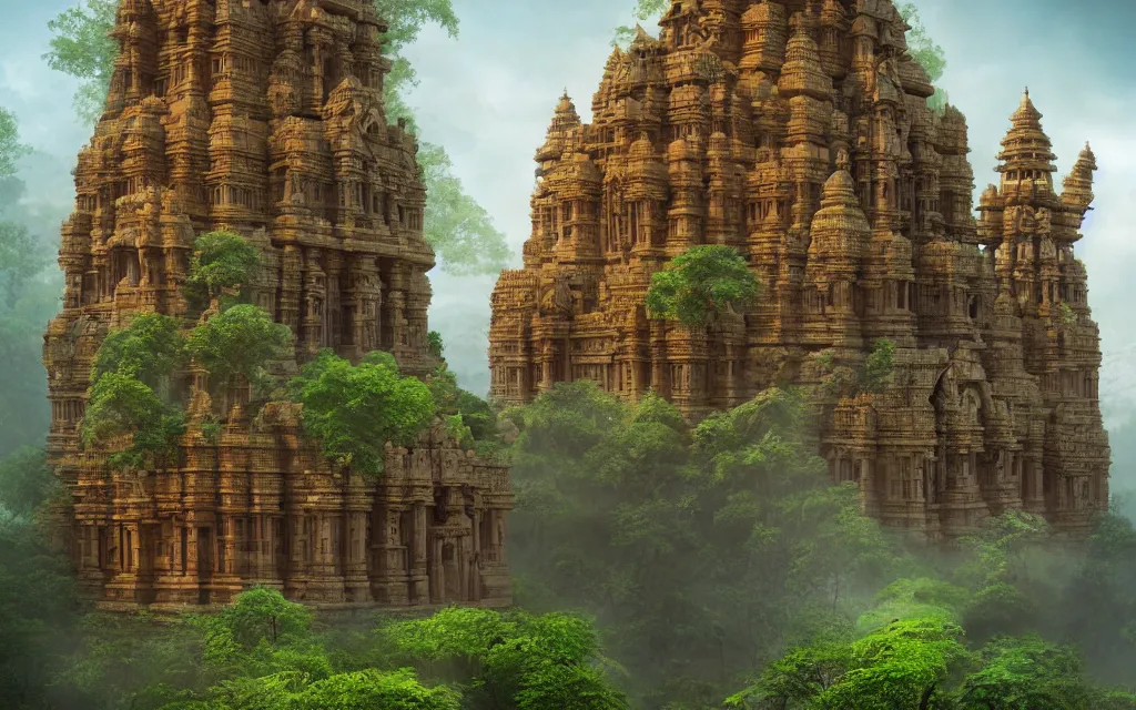 Prompt: High Fantasy solitary Hindu temple typical of the Chola period Dravidian style, made in sandstone carvings, lush green forest on a plain near a river, colorful sculptural motifs Intricate, detailed , artistic , volumetric lights warm. Joyful matte painting by Darek Zabrocki and Emmanuel Shiu, 4k ultra detailed, great composition cinematic.
