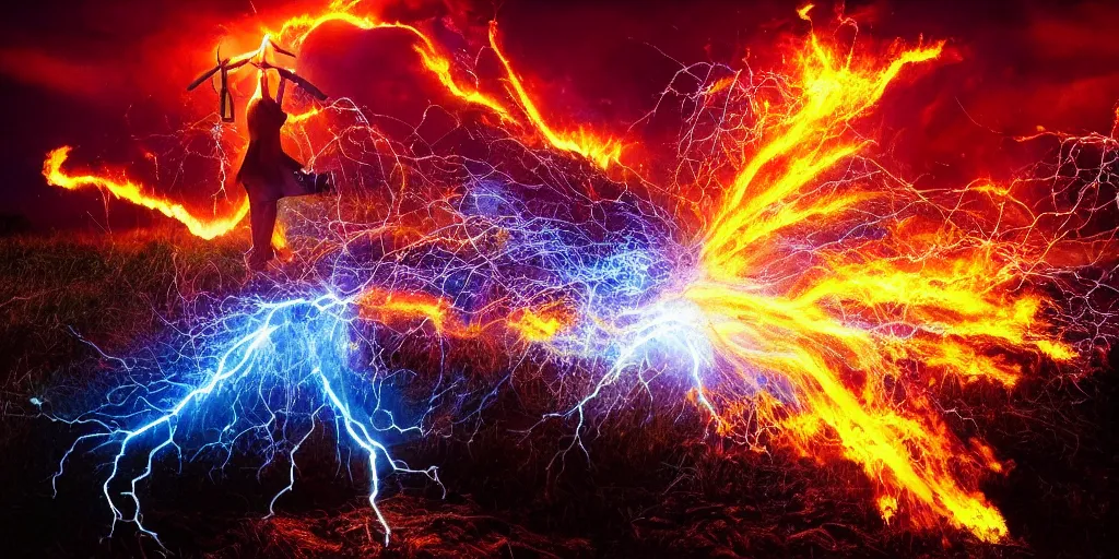 Image similar to donald trump casting fireballs, colorful hd picure, lightning in the background