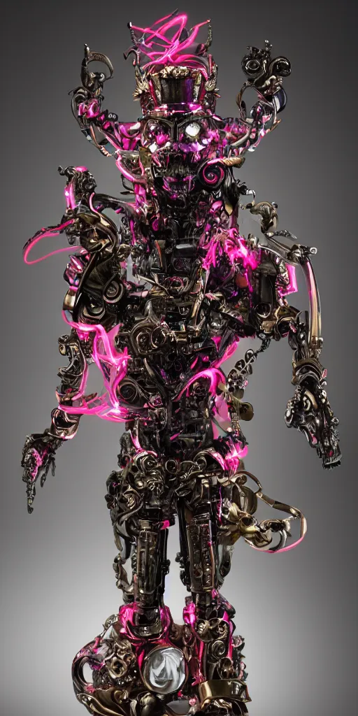 Image similar to baroque and cyberpunk style full-body sculpture of a young seductive Hispanic prince half android with a chest exposing a glowing ruby battery, glowing pink seductive laser eyes, crown of blue gears and diamonds, swirling salmon-colored silk fabric, robotic raptors dinosaurs. baroque elements. full-length view. intricate artwork by caravaggio. art by Artgerm and Greg Rutkowski and Alphonse Mucha, Trending on artstation, cinematic industrial lighting, photorealistic, octane render, 8k, depth of field, 3D