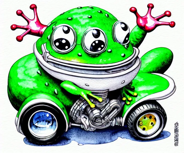 Prompt: cute and funny, frog wearing a helmet riding in a tiny hot rod with exhaust pipes, ratfink style by ed roth, centered award winning watercolor pen illustration, isometric illustration by chihiro iwasaki, edited by range murata, tiny details by artgerm and watercolor girl, symmetrically isometrically centered, focused