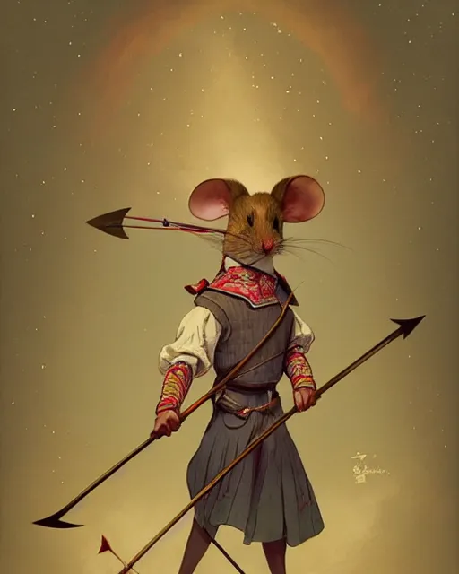 Image similar to anthropomorphic art of anthropomorphic archer mouse holding a bow, victorian bright clothing by artgerm, victo ngai, ryohji hase, artstation, highly detailed digital painting, smooth, global illumination, fantasy art by greg rutkowsky, karl spitzweg