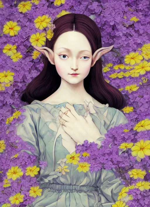 Image similar to elf girl wearing an flower suit, soft hair. light color palate, purple, yellow and white. detailed soft painting, ayami kojima, made in abyss, anatomically correct, ilya kuvshinov, inspired in balthus, high detailed face anime, vogue magazine, glorious composition, mobile wallpaper, mona lisa