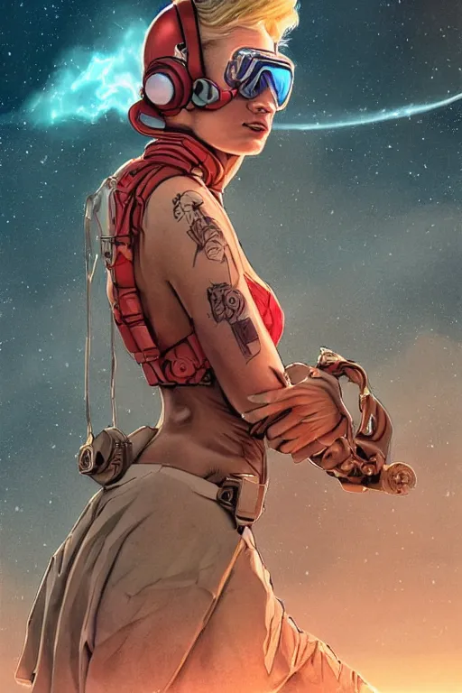 Image similar to tattooed stoic heroic emotionless butch blond woman engineer stranded on hostile dusty red alien planet, red dust storm, awkward and anxious, victorian goggles, very short slicked - back hair, by artgerm and moebius, ornate, stunning, nebula, explosions in the sky, trending on artstation