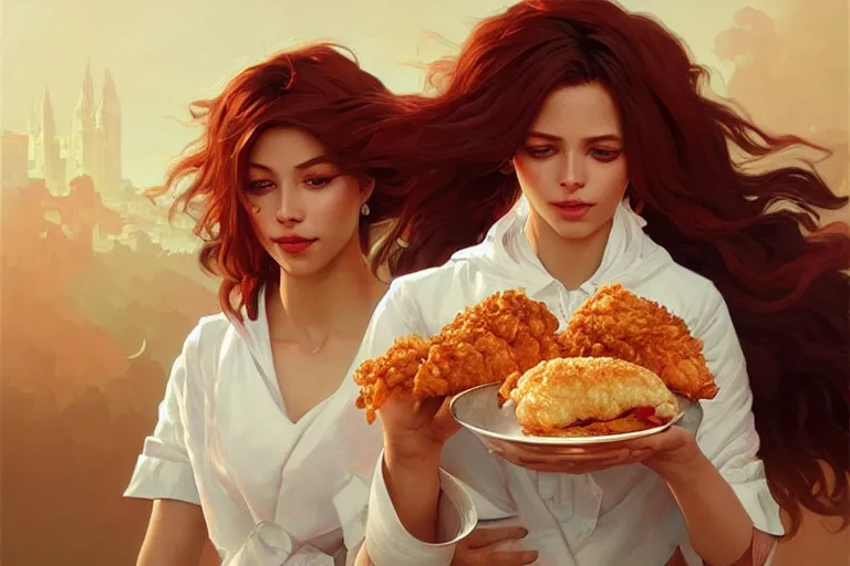 Image similar to kfc chicken, portrait, elegant, intricate, digital painting, artstation, concept art, smooth, sharp focus, illustration, art by artgerm and greg rutkowski and alphonse mucha