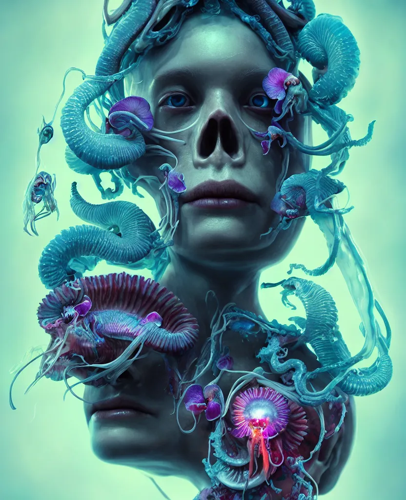 Image similar to goddess close - up portrait human skull, ram skull, squid phoenix jellyfish, orchid, betta fish, bioluminiscent, intricate artwork by tooth wu and wlop and beeple. octane render, trending on artstation, greg rutkowski very coherent symmetrical artwork. cinematic, hyper realism, high detail, octane render, 8 k