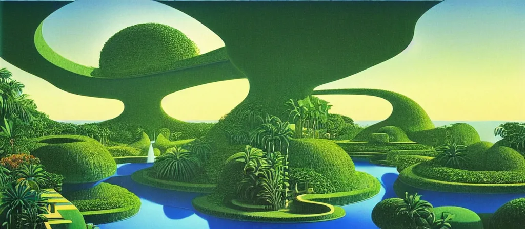 Prompt: huge gargantuan angular dimension of infinite poolrooms, buildings by escher and ricardo bofill. utopian landscape by roger dean. magical realism, surrealism, lush tropical jungle, waterfalls, clouds, mallsoft, vaporwave, trending on artstation, shot from below, epic scale