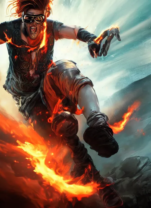 Image similar to An epic fantasy comic book style portrait painting of young man with red spiked long hair, using an orange lens googles. Wearing white shirt, a black waistcoat, brown pants and black boots. He is throwing a wild fire blast from his hands, with a vicious smile in face. Unreal 5, DAZ, hyperrealistic, octane render, cosplay, RPG portrait, dynamic lighting