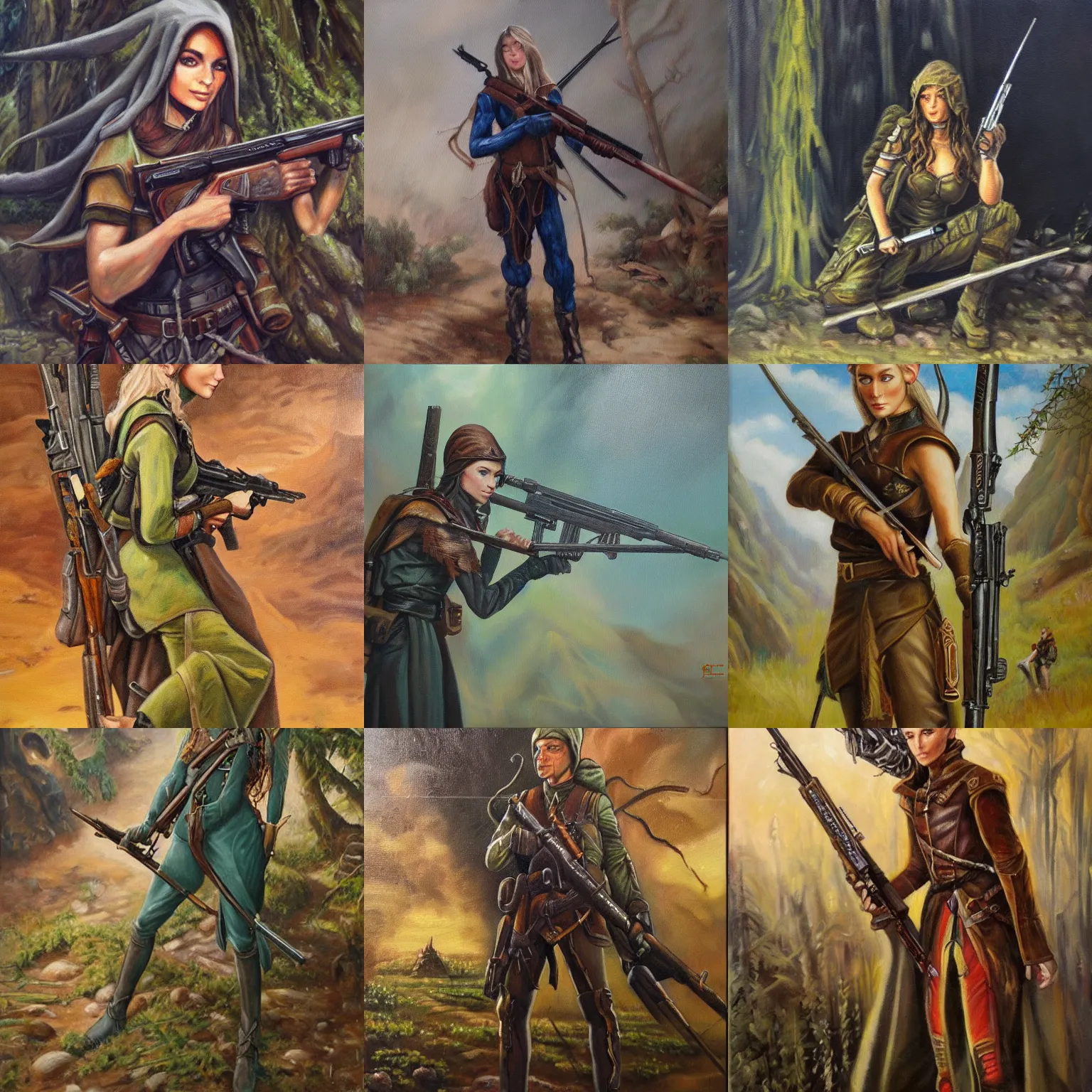 Prompt: an oil painting of elven sniper posing with a enchanted rifle detailed realistic