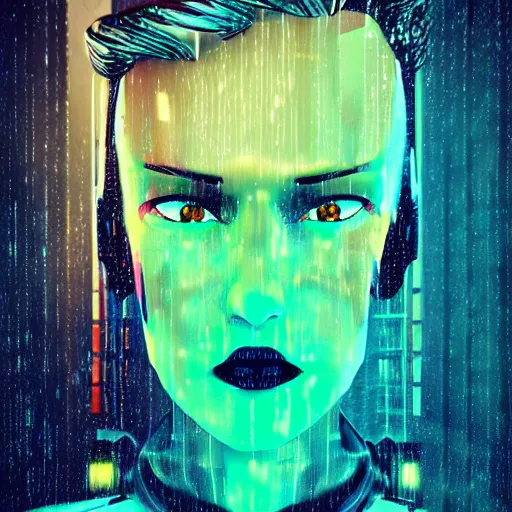 Image similar to stylish cartoon portrait made out of rain, cyberpunk background, rendered in octane, unreal engine, highly detailed, trending on artstation, realistic, splashes of neon, beautiful, handsome, depth of field, glowing eyes