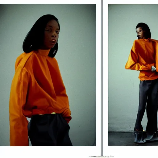 Image similar to realistic! photoshoot for a new vetements lookbook, color film photography, portrait of a beautiful woman, in style of tyler mitchell, 35mm