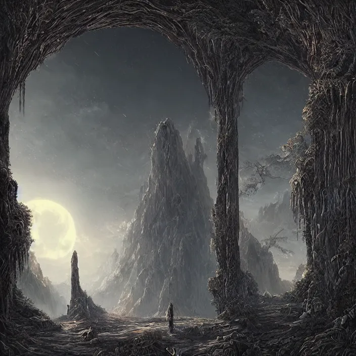 Image similar to gazing through a dark etherial stone archway to the void, pitch black night sky, quiet and serene atmosphere, intricate high detail matte painting masterpiece