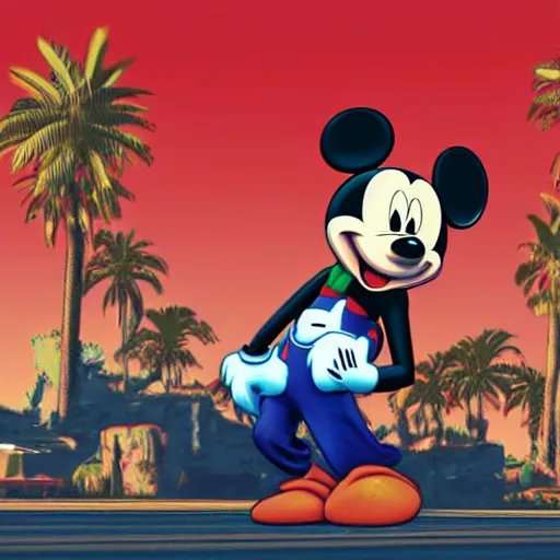 Image similar to mickey mouse in gta 5 cover art style