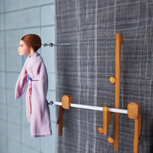 Image similar to a lifelike doll tied to a towel rack in the bathroom with a fabric belt