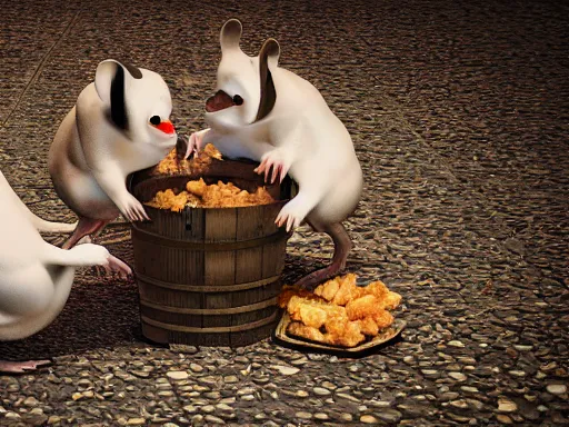 Prompt: 3 blind mice eating kentucky fried chicken legs in a barrel, high detail, character, 3D, dark dull colors, photo realistic, octane, unreal engine