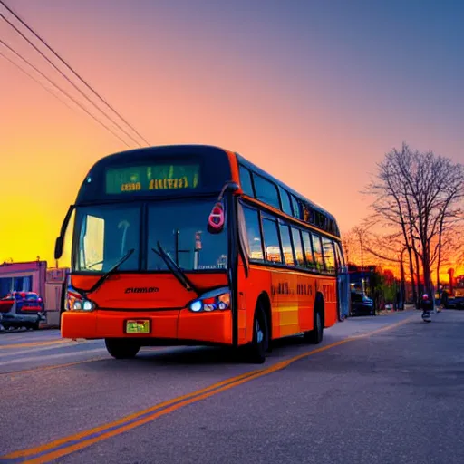 Prompt: transit bus driving through a small town during sunset