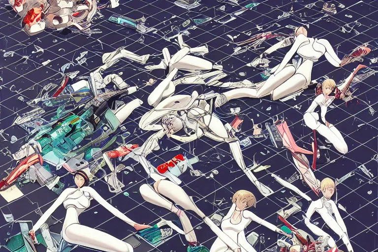 Image similar to a nice illustration of a group of female androids' lying scattered over an abstract, empty, white floor, by masamune shirow, hajime sorayama and katsuhiro otomo, view from above