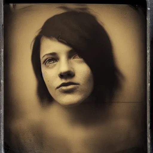 Image similar to unconventionally attractive young woman with short hair, wet plate photography, facial closeup, studio lights, collodion, daugerrotype