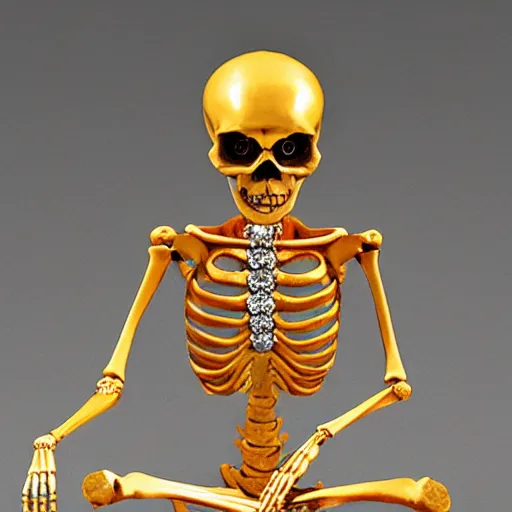 Prompt: a skeleton yogi sitting in lotus position with diamonds in its eye sockets and a golden tongue sticking out of its mouth