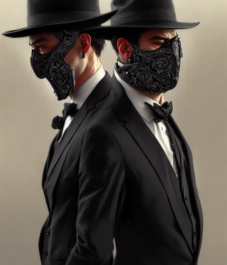 Image similar to ultra realistic illustration, a male with black mask, suit and tie, intricate, elegant, highly detailed, digital painting, artstation, concept art, smooth, sharp focus, illustration, art by artgerm and greg rutkowski and alphonse mucha