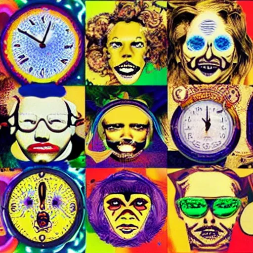 Image similar to trippy face album cover clocks